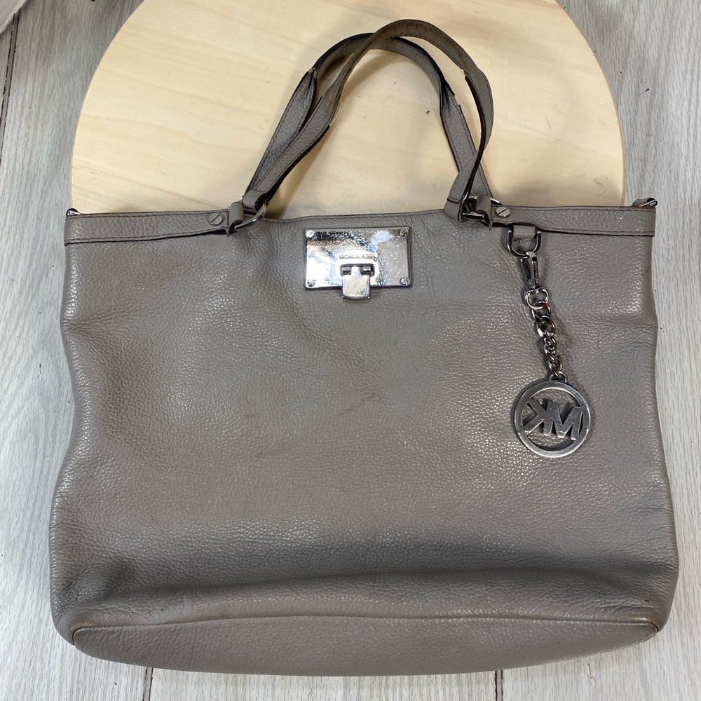 Michael Kors Channing Large Gray Pebbled Leather Satchel Tote